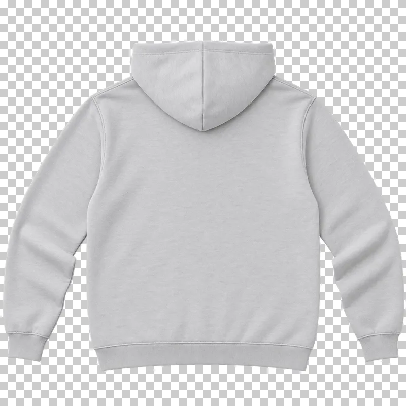 Back of the matching light gray hoodie, with its hood resting over the upper back and a clear lower rear panel.