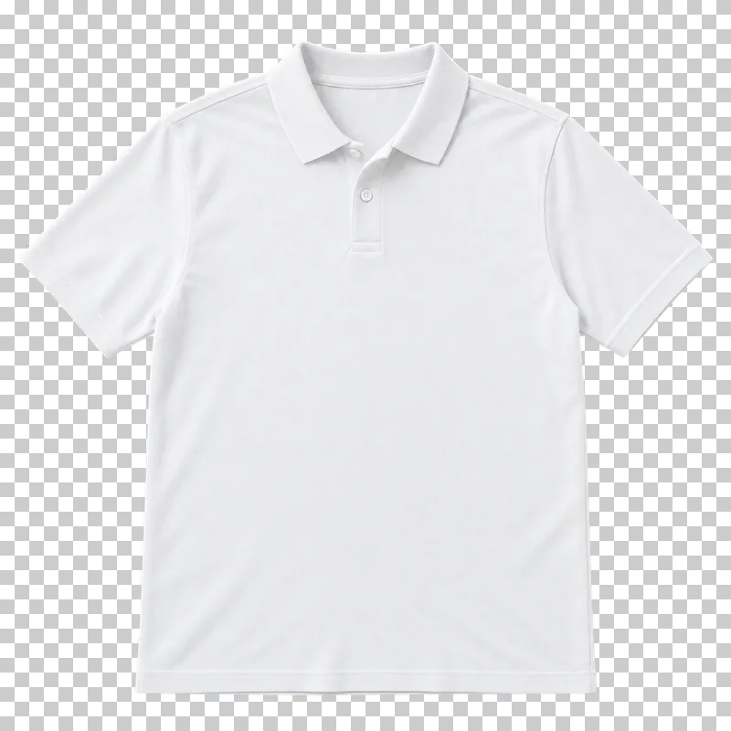 Front of a soft white polo shirt laid flat, with a folded collar, short button placket and blank chest.