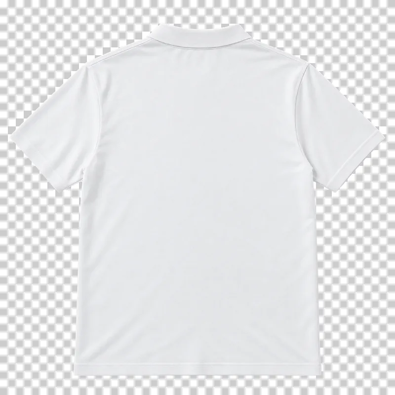 Back of the matching soft white polo shirt, with a rear collar, short sleeves and a blank back panel.