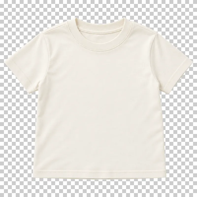 Front of a cream children’s T-shirt laid flat, with a crew neck, short sleeves and a plain small torso.