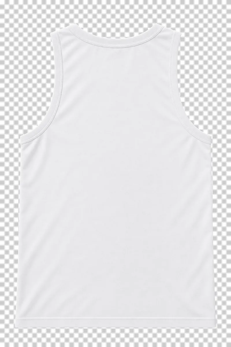 Back of the matching soft white athletic tank top, with broad straps, a higher neckline and a plain rear panel.