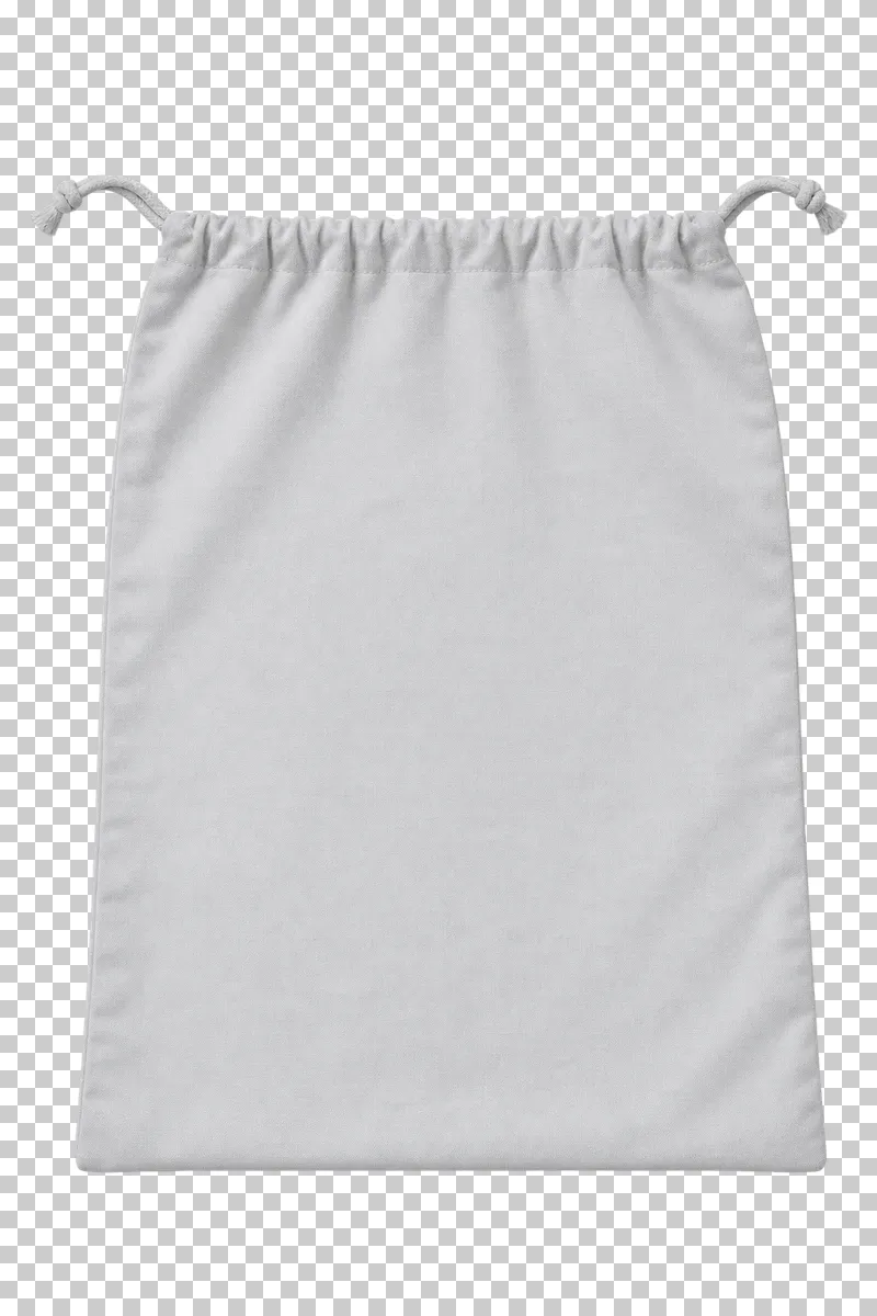 Light gray rectangular fabric sack with two short closure drawstrings and an uninterrupted blank front.