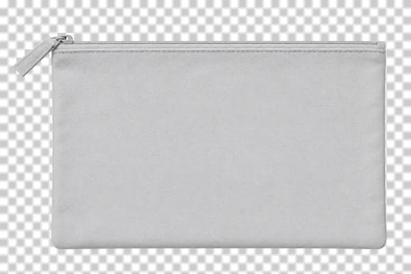 Light gray rectangular cosmetic pouch with a closed top zipper, a fabric pull tab and a smooth blank front.