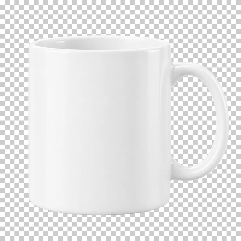 Soft white ceramic mug shown nearly frontally, with a broad blank cylindrical body and rounded handle on the right.