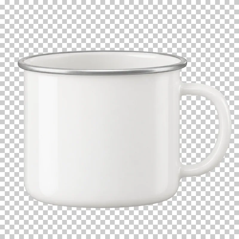 Warm white enamel mug with a thin gray rolled rim, a blank squat body and a right-side handle.