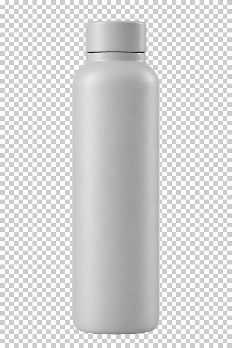 Light gray coated metal bottle viewed from the front, with a simple screw cap and tall blank cylindrical body.