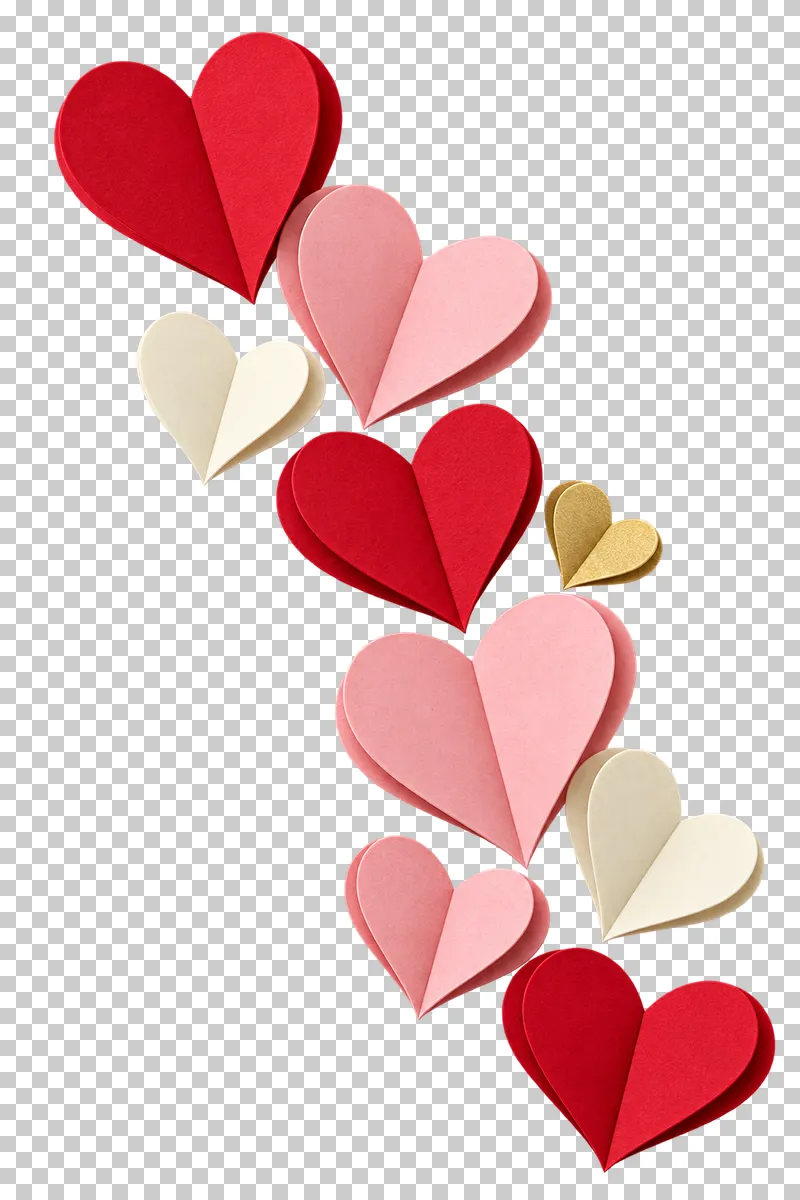 A diagonal stream of paper hearts.