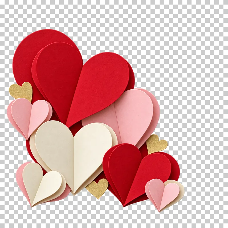 A cluster of paper hearts arranged around a corner.