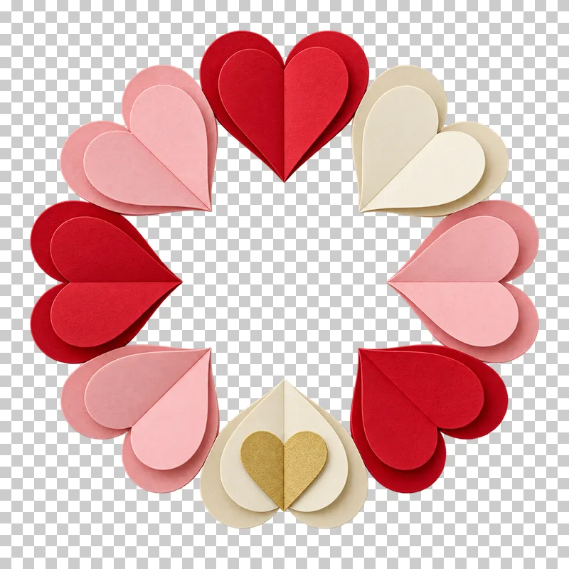 A circular arrangement of paper hearts with a transparent center.