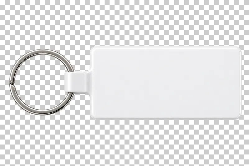 Horizontal white rectangular keyring with a blank plastic face, solid left connector and a complete metal split ring.