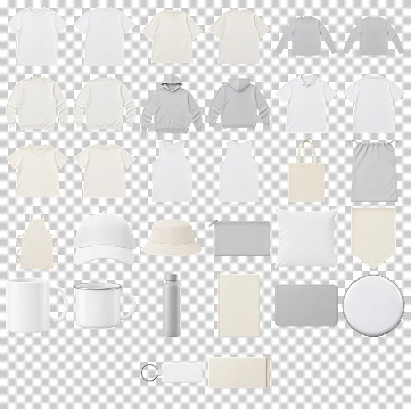 Blank Apparel and Merchandise PNG Collection: all 32 elements in one grid