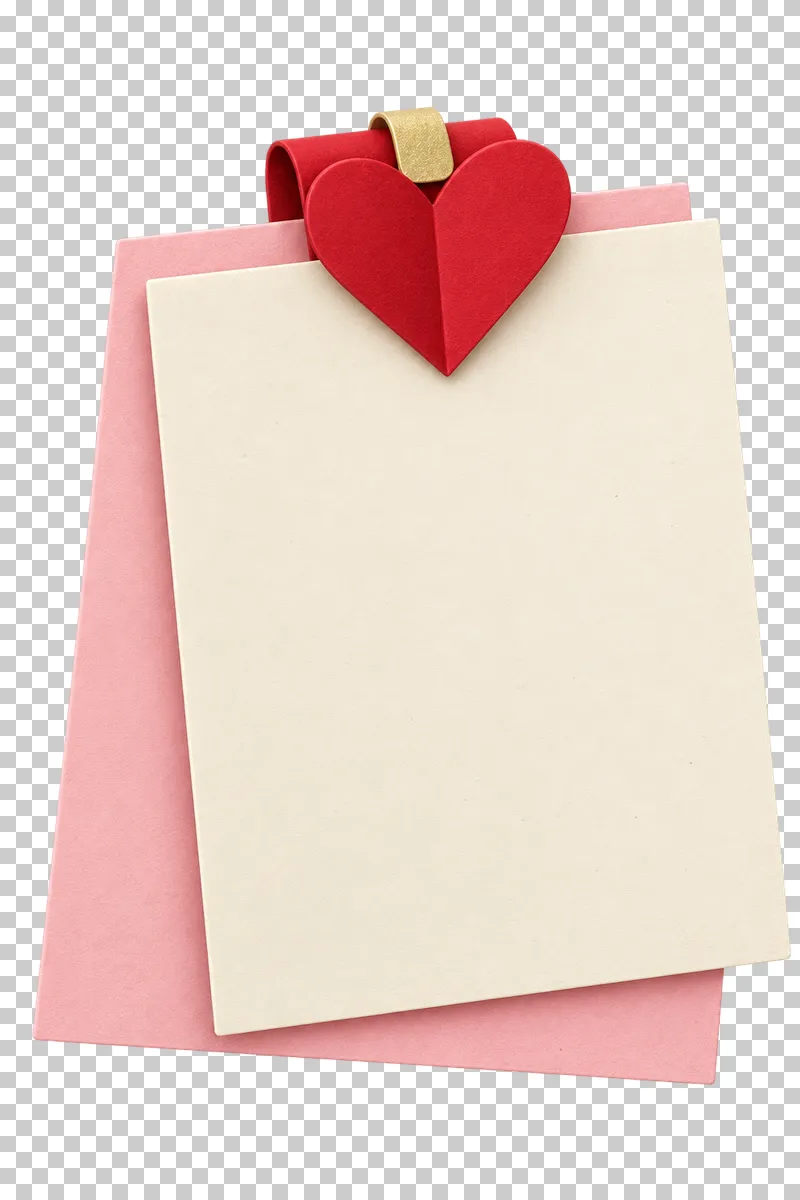 Two blank paper cards fastened together with a heart.