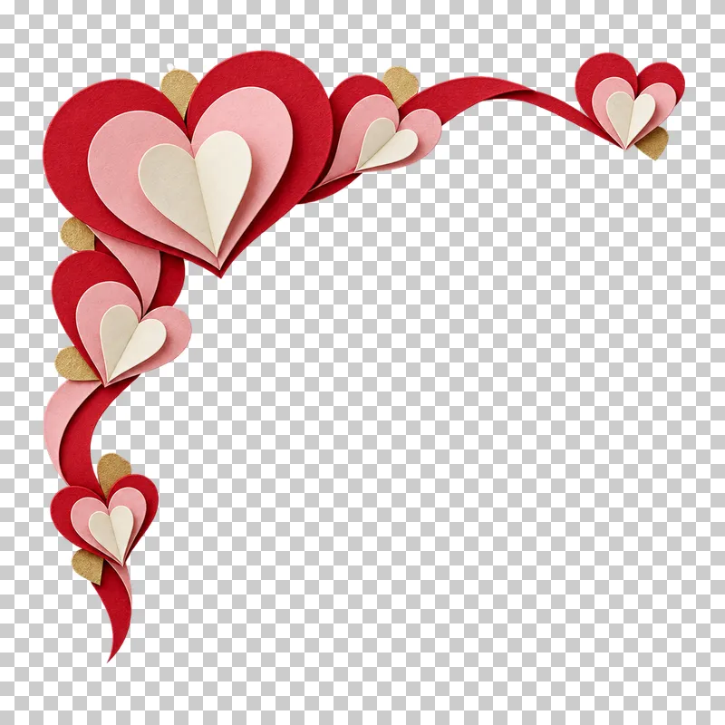Folded paper hearts arranged as an upper-left corner decoration.