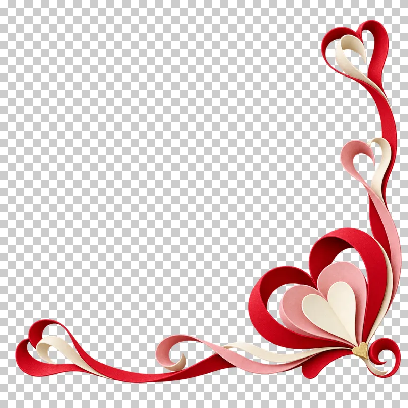 Curled paper hearts arranged as a lower-right corner decoration.