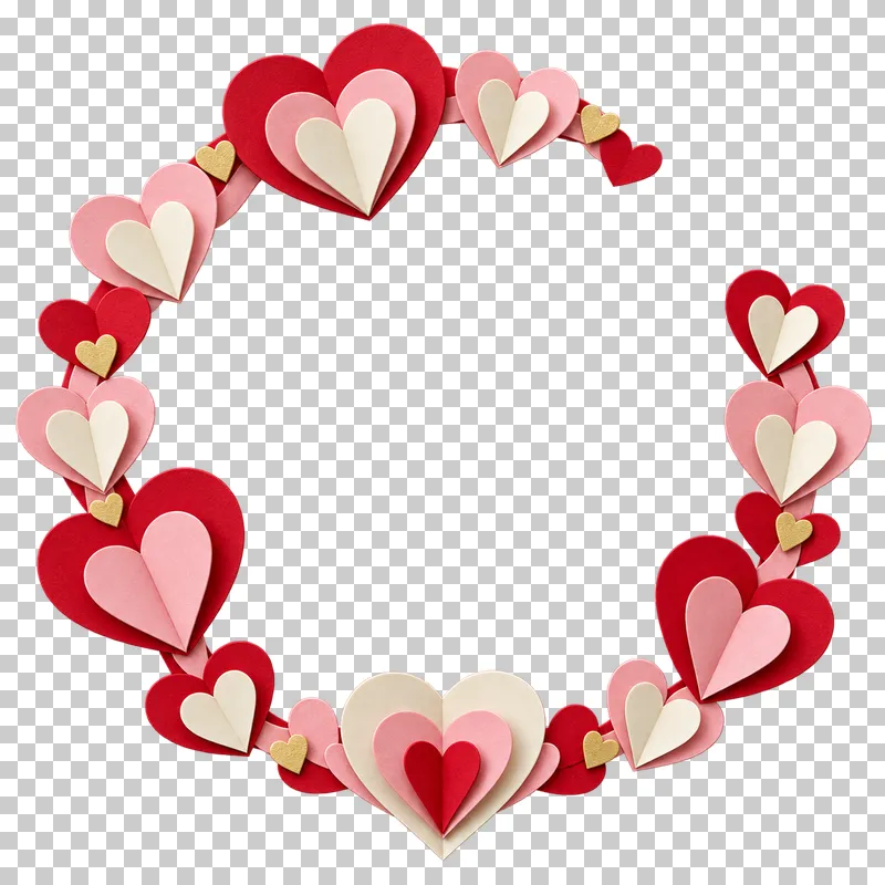An open wreath of paper hearts around a transparent text area.