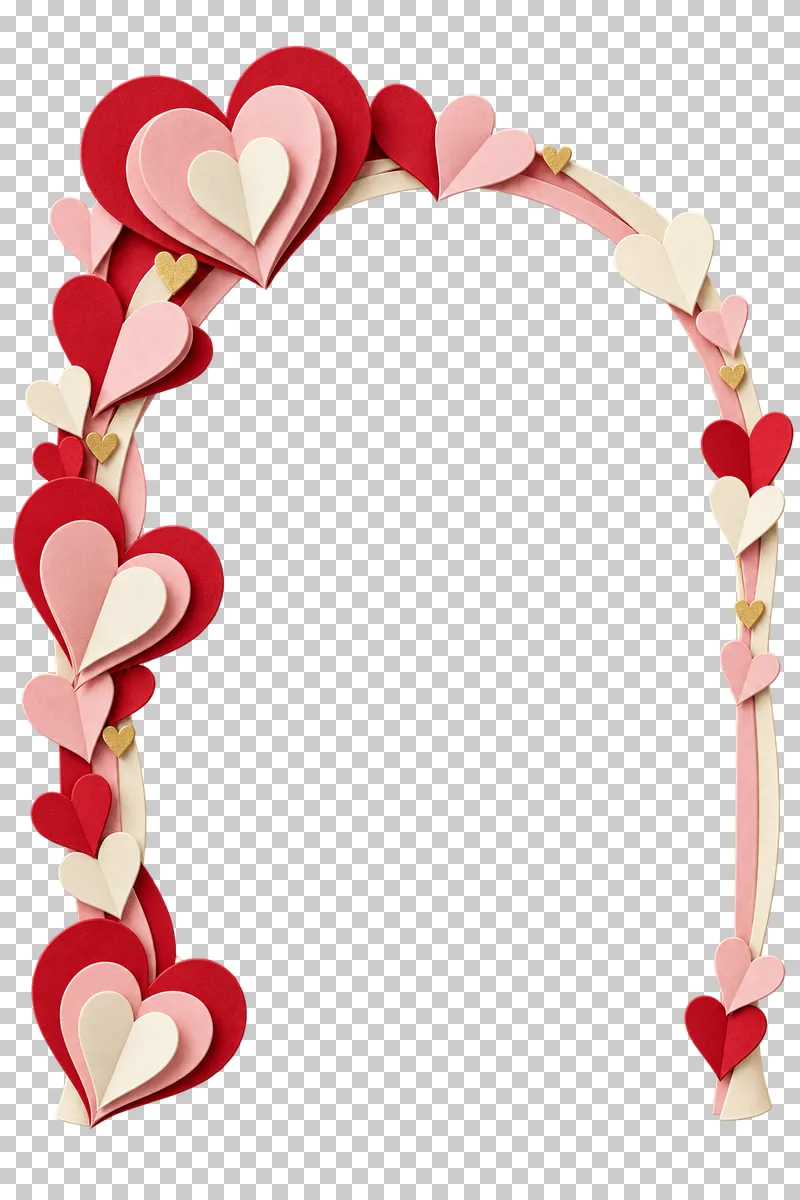 An asymmetric arch of paper hearts around a transparent text area.