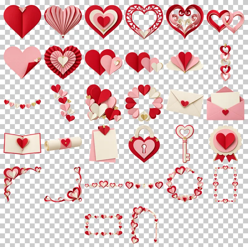 Hearts and Romance Paper Decorations PNG Collection: all 32 elements in one grid