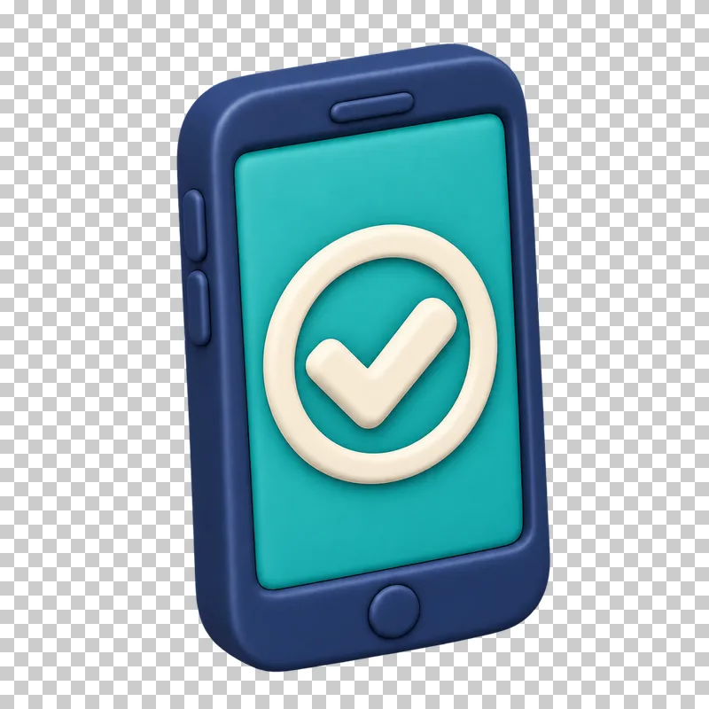 A navy 3D smartphone whose teal screen shows a large cream approval checkmark.
