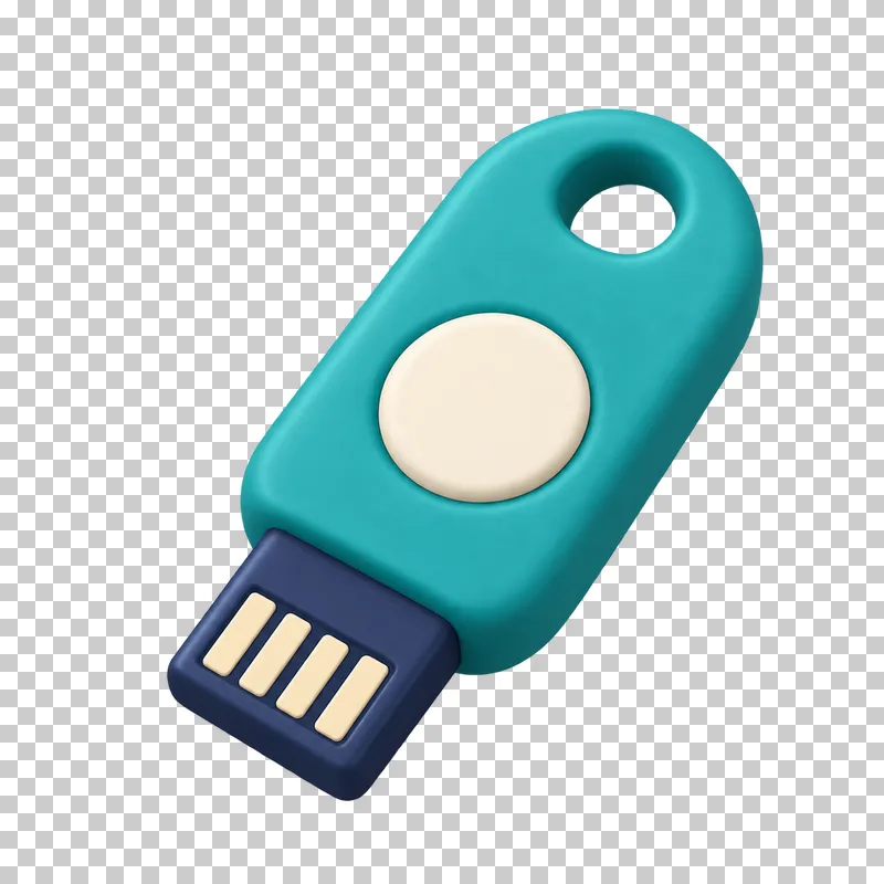 A teal 3D hardware security key with a round cream touch pad and a navy connector.