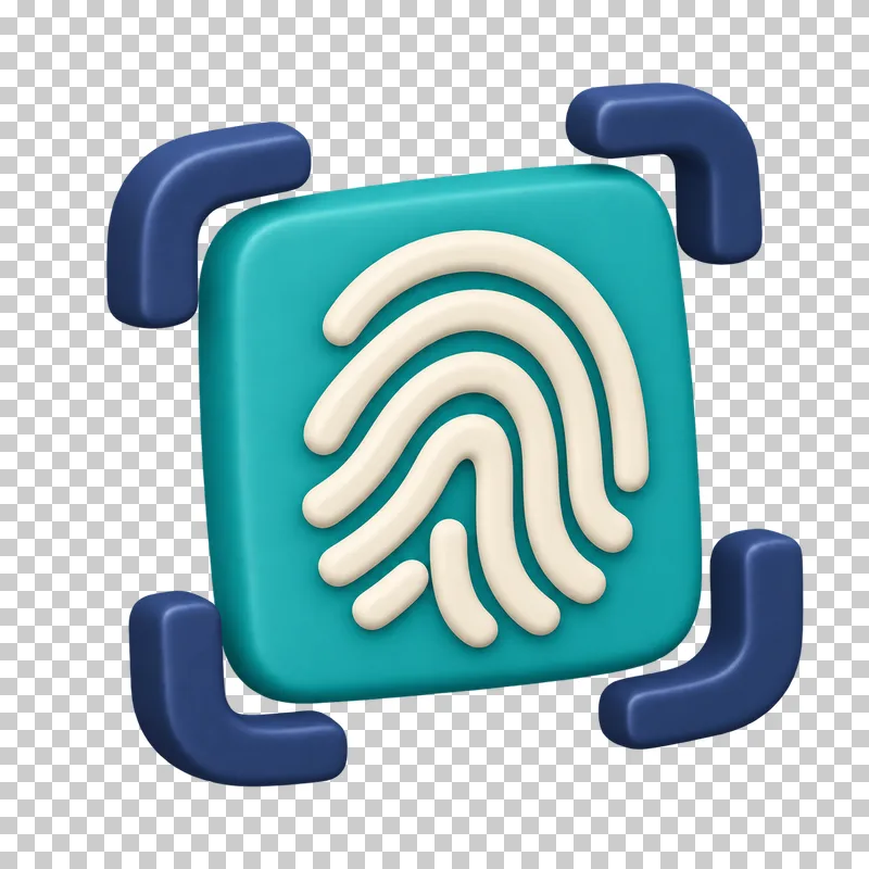 A cream 3D fingerprint on a teal pad inside navy scanner corner brackets.