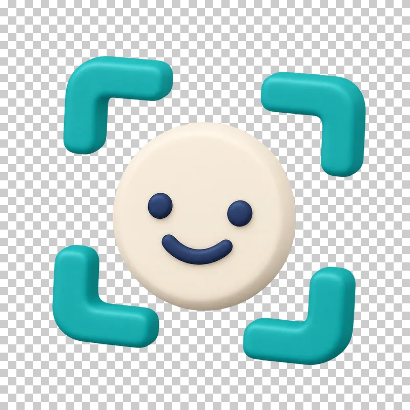 A cream 3D smiling face inside teal face recognition corner brackets.