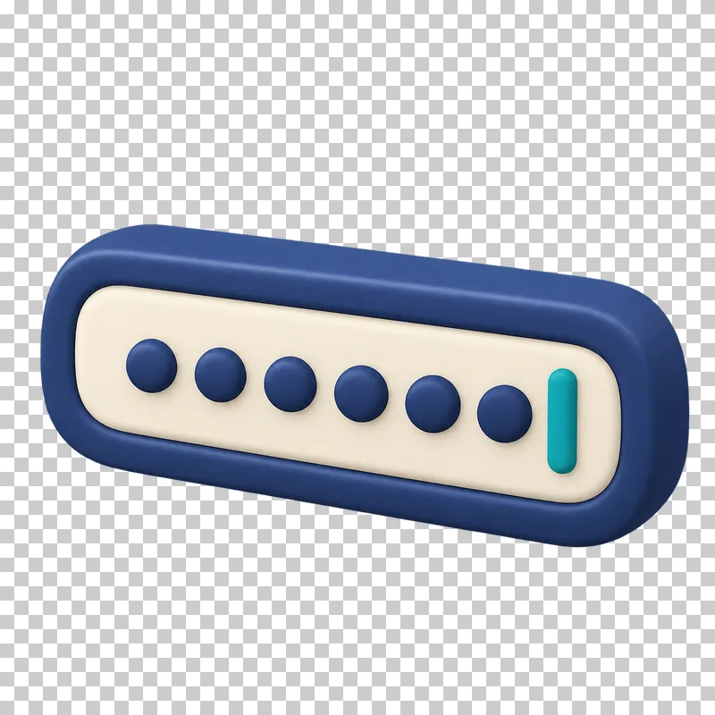 A navy 3D password field with a row of masked dots and a teal cursor.