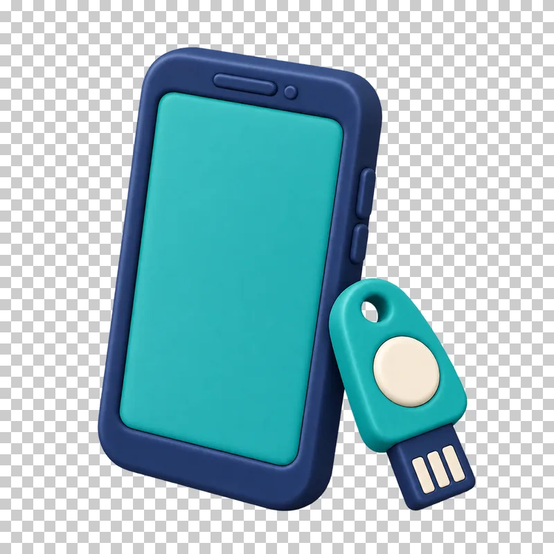 A navy 3D smartphone with a small teal hardware security key leaning against it.