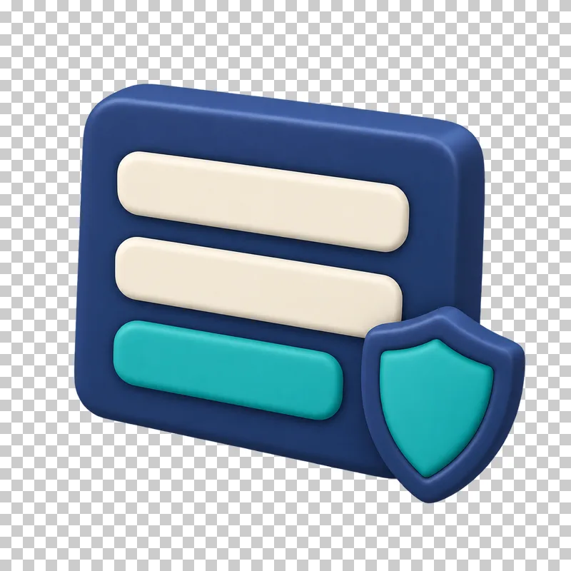 A navy 3D login window with two blank input bars and a teal shield at its corner.