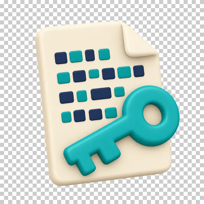 A cream 3D document of scrambled navy and teal blocks with a teal key across it.