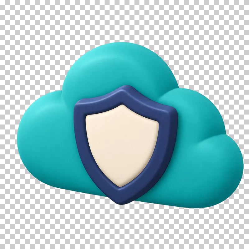 A teal 3D cloud with a cream shield emblem on its front.