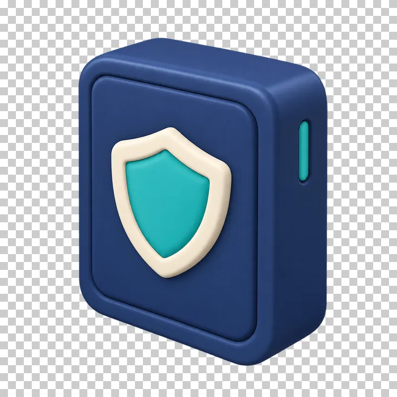 A navy 3D external hard drive with a teal shield emblem on its face.