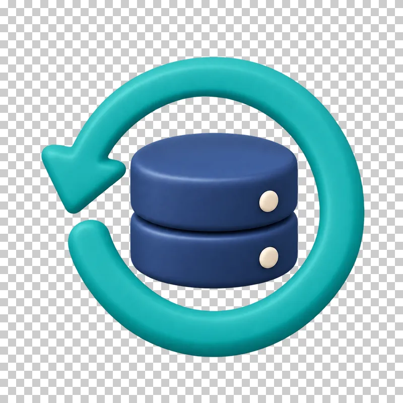 Two navy 3D storage disks inside a teal counter-clockwise restore arrow.