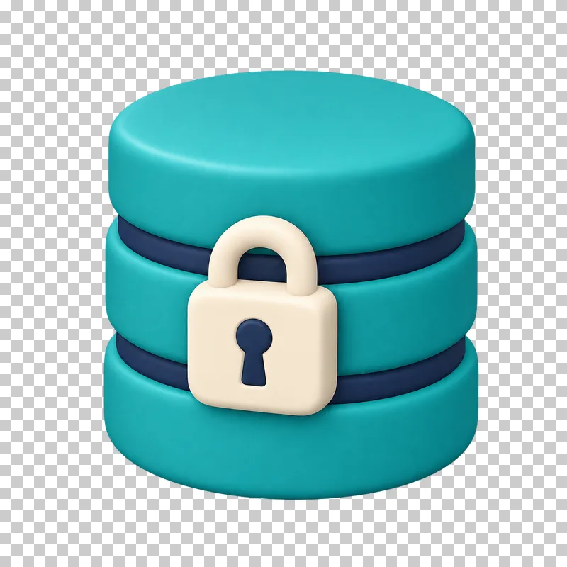 A teal 3D database stack with a cream padlock on its front.