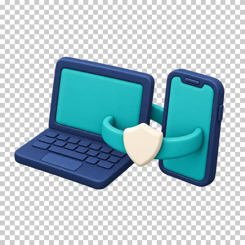 A navy 3D laptop and smartphone joined by a teal band with a cream shield.