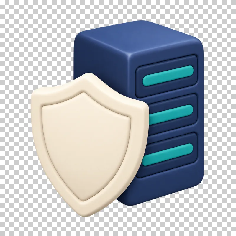 A navy 3D server tower behind a large cream protective shield.