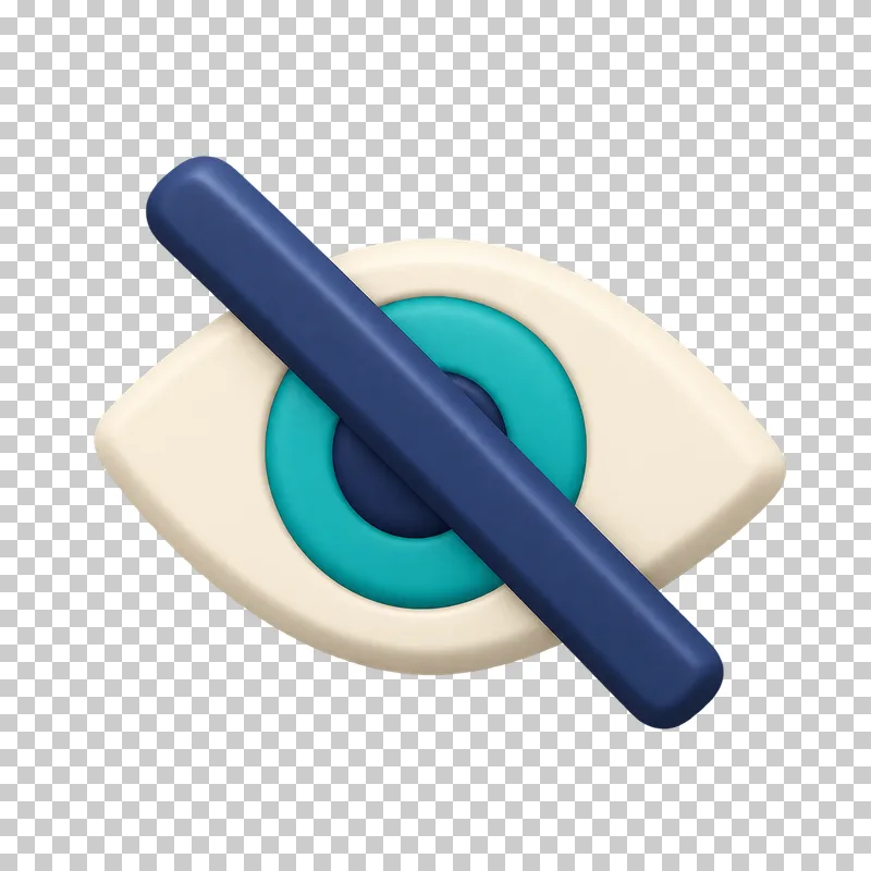 A cream 3D eye with a teal iris crossed out by a navy strike bar.