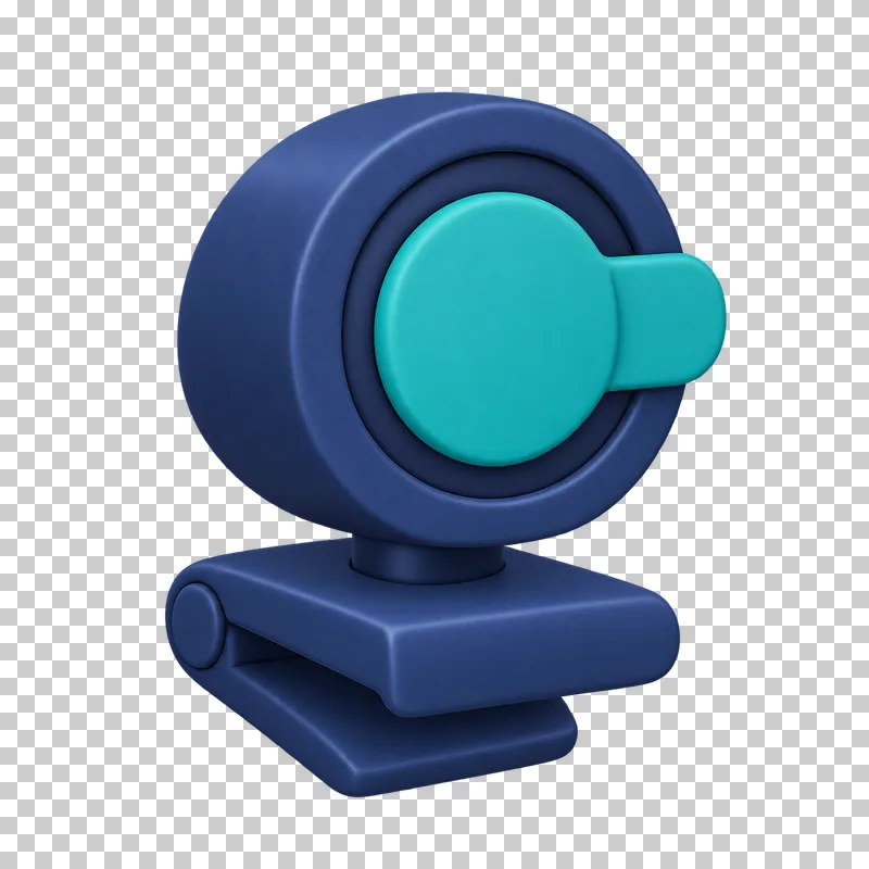 A navy 3D webcam whose lens is closed by a teal sliding privacy cover.