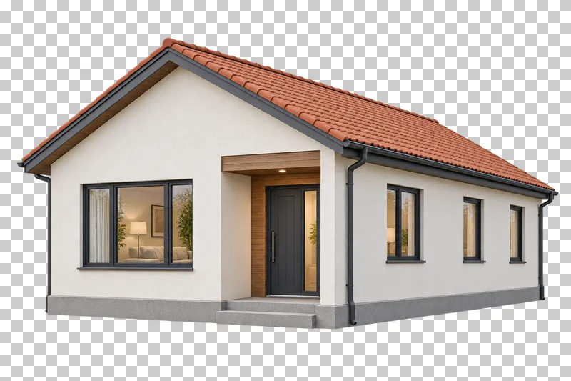 Single-storey cream house with a terracotta gable roof, recessed front door and stone entrance steps.