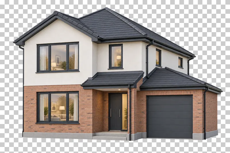 Two-storey brick and plaster house with pitched roofs, a lower attached garage and a closed sectional garage door.