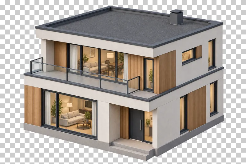 Modern two-storey house with a visible flat roof, timber wall panels and a glass-railed upper terrace.