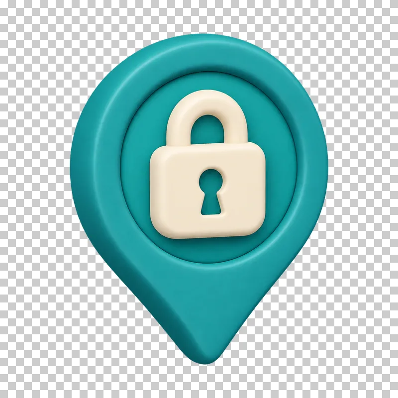 A teal 3D map location pin with a cream padlock in its head.