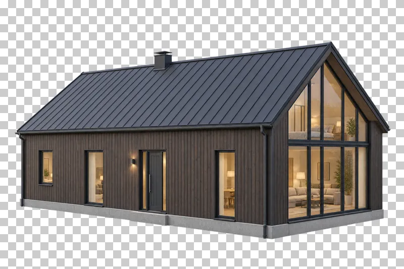 Long dark timber barn house with a standing-seam gable roof and a fully glazed end wall.