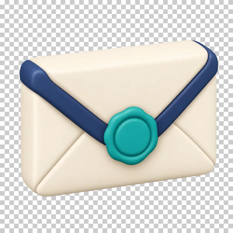 A cream 3D envelope with a navy flap and a round teal wax seal.