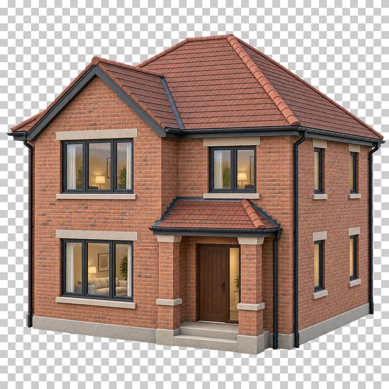 Traditional red-brick house with intersecting clay-tile roofs and an entrance canopy on masonry piers.