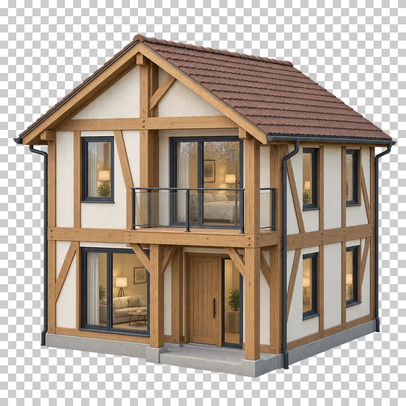 Timber-frame house with pale plaster infill, diagonal braces and a supported upper balcony.