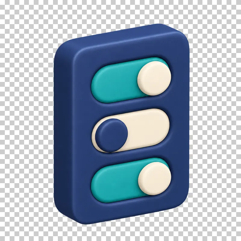 A navy 3D settings panel with three teal and cream toggle switches.