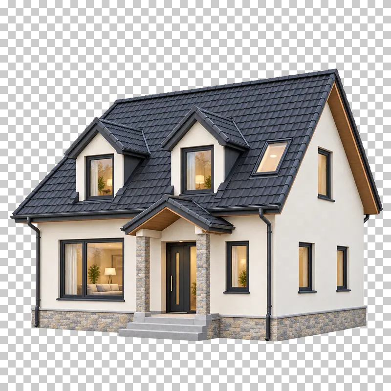 Cream house with a habitable attic, two roof dormers, a roof window and a stone plinth.