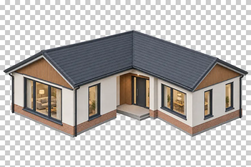Single-storey L-shaped house with two perpendicular wings, joined slate roofs and a recessed entrance.
