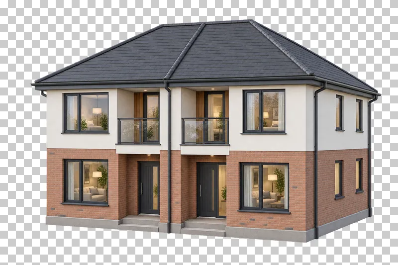 Connected semi-detached pair with two front doors, recessed balconies and joined pitched roofs.
