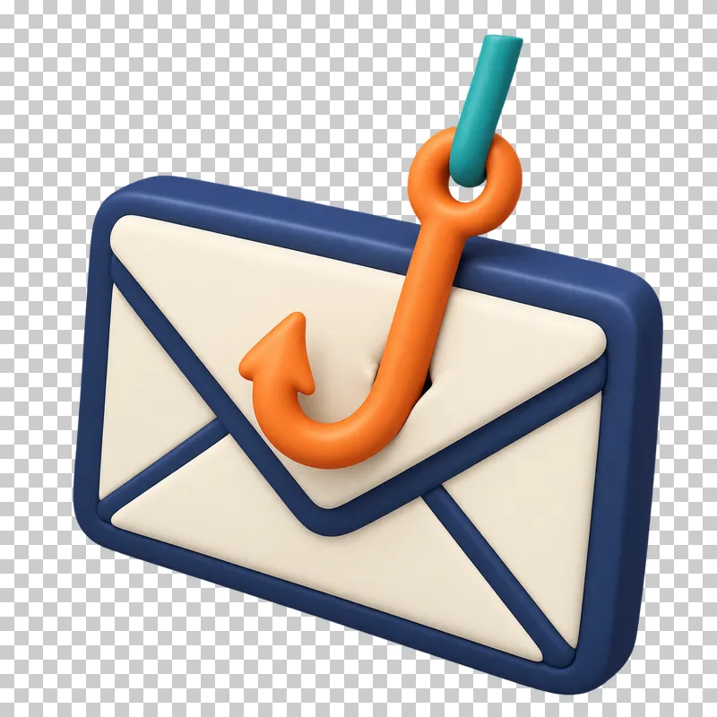 A cream 3D envelope pierced by an orange fishing hook as a phishing warning.